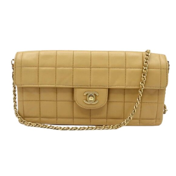 Authentic CHANEL Chocolate Bar Bag Lambskin East West Purse Flap Chain Beige - Picture 1 of 16